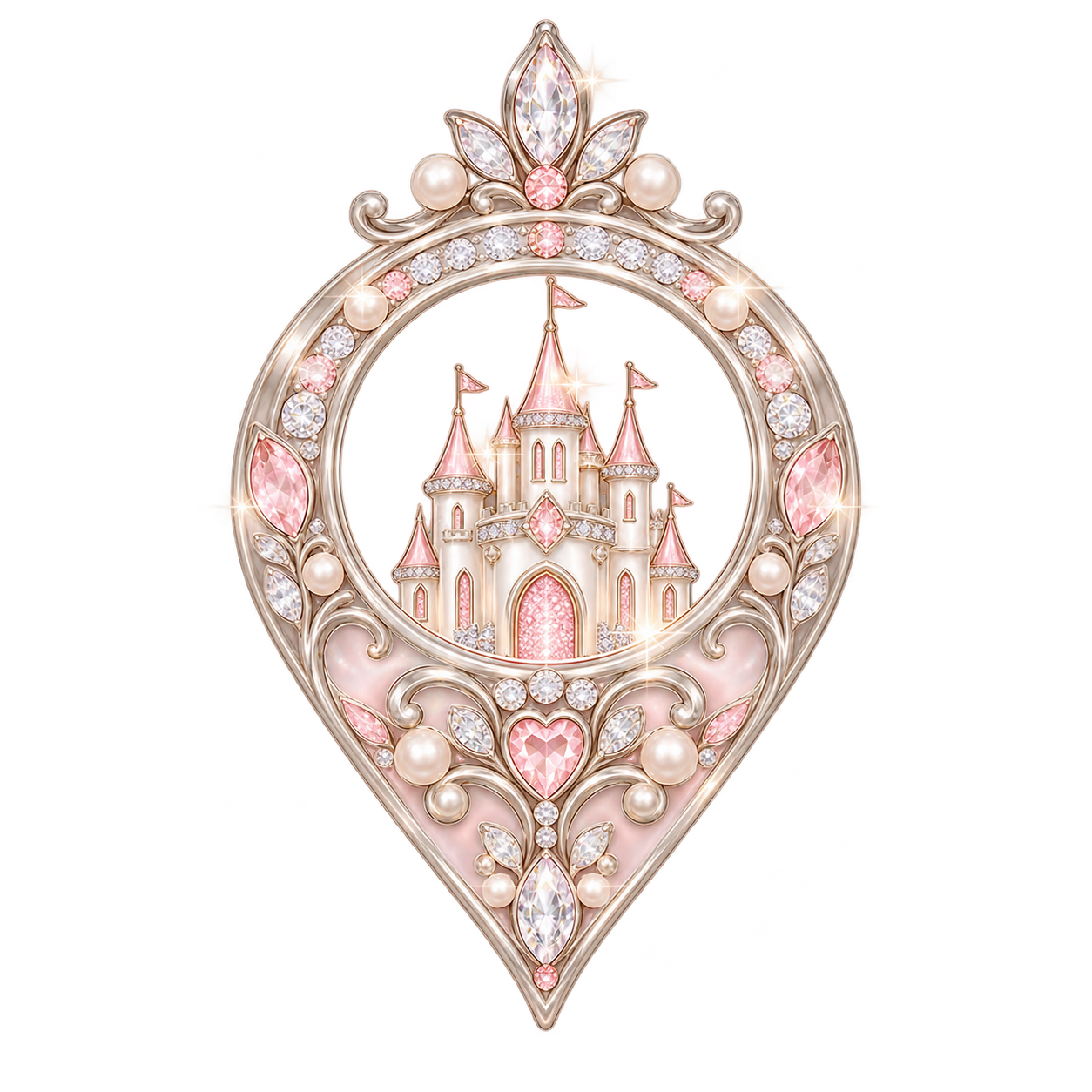 Pin de ubicación con castillo de cristal rosa